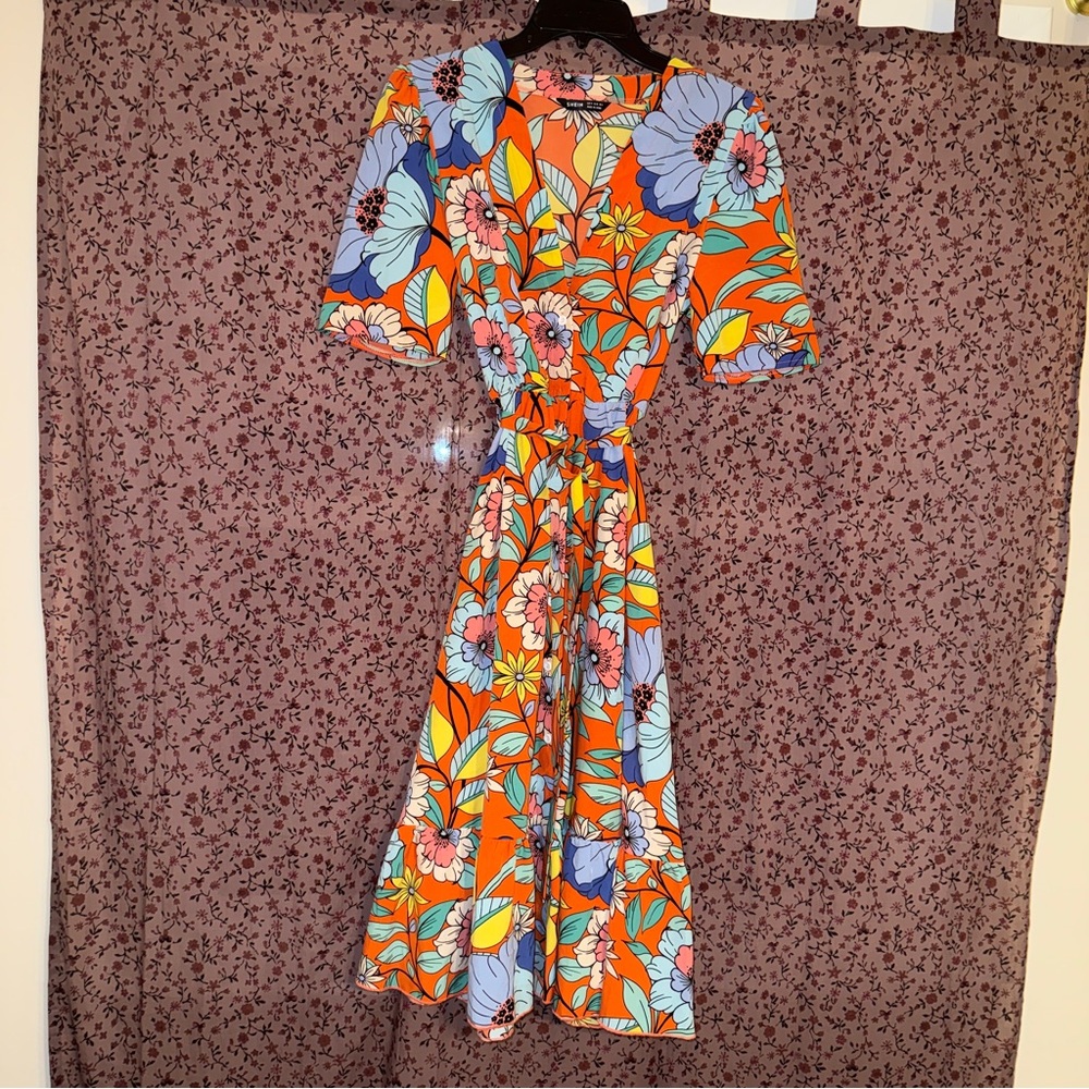 SHEIN Colorful Floral Midi Dress - Retro Orange and Blue